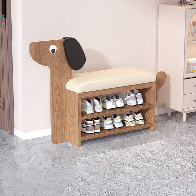 Contemporary Faux Oil-Waxed Leather & Bamboo Dog-Shaped Rectangular Shoe Bench with Half-Tier Storage — Modern Living Room Organizer