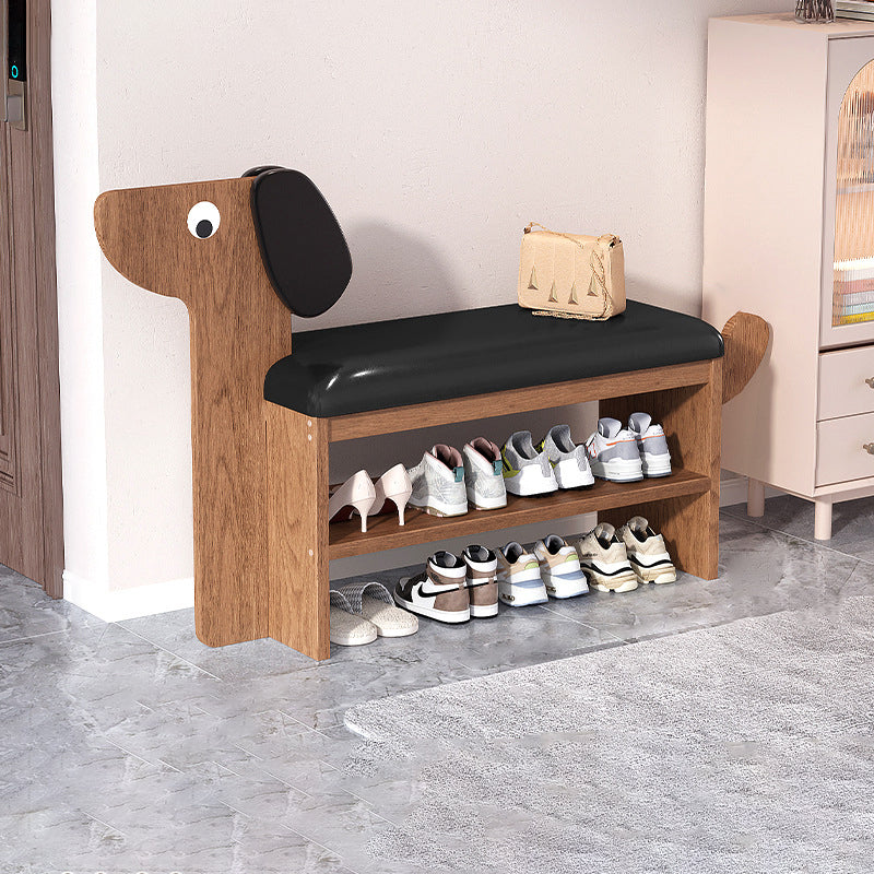 Contemporary Faux Oil-Waxed Leather & Bamboo Dog-Shaped Rectangular Shoe Bench with Half-Tier Storage — Modern Living Room Organizer