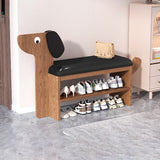 Contemporary Faux Oil-Waxed Leather & Bamboo Dog-Shaped Rectangular Shoe Bench with Half-Tier Storage — Modern Living Room Organizer