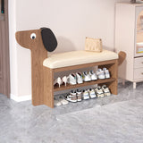 Contemporary Faux Oil-Waxed Leather & Bamboo Dog-Shaped Rectangular Shoe Bench with Half-Tier Storage — Modern Living Room Organizer