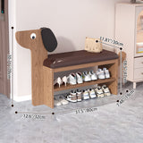 Contemporary Faux Oil-Waxed Leather & Bamboo Dog-Shaped Rectangular Shoe Bench with Half-Tier Storage — Modern Living Room Organizer