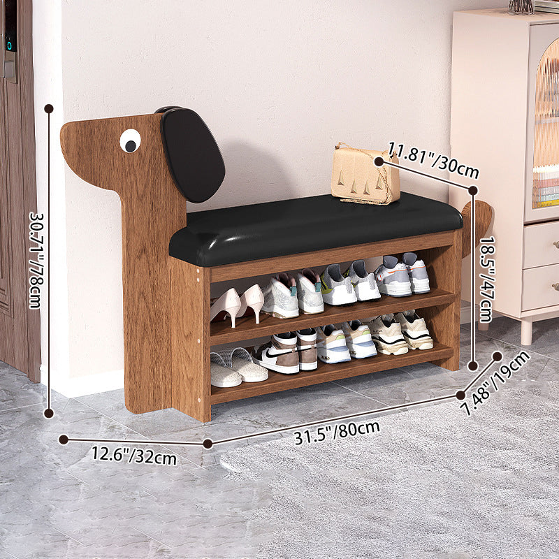 Contemporary Faux Oil-Waxed Leather & Bamboo Dog-Shaped Rectangular Shoe Bench with Half-Tier Storage — Modern Living Room Organizer