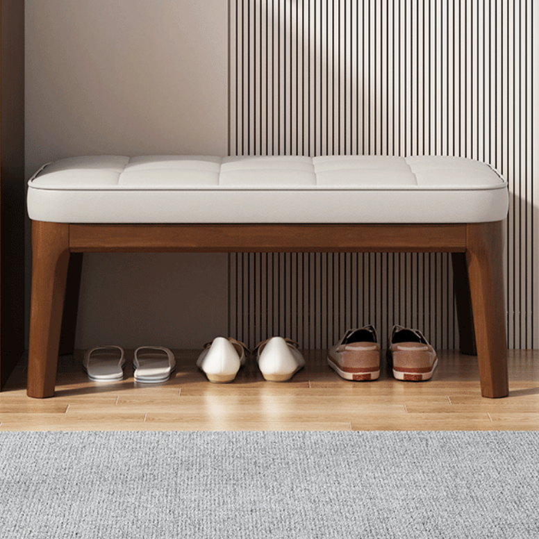 Contemporary Scandinavian PU Leather Upholstered Solid Wood Shoe Bench with Rectangular Grid Design for Entryway & Living Room