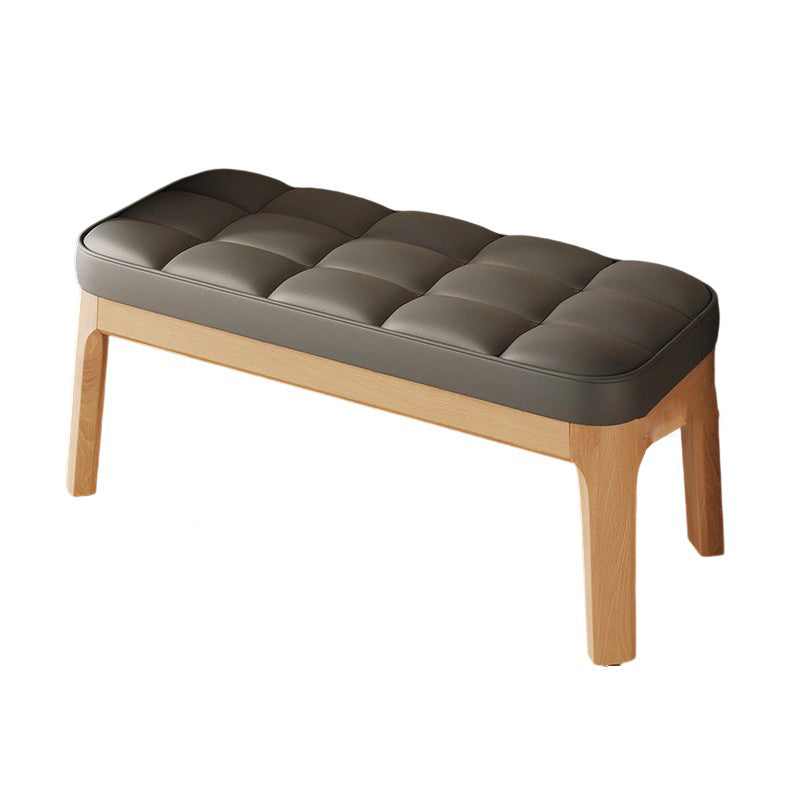 Contemporary Scandinavian PU Leather Upholstered Solid Wood Shoe Bench with Rectangular Grid Design for Entryway & Living Room