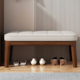 Contemporary Scandinavian PU Leather Upholstered Solid Wood Shoe Bench with Rectangular Grid Design for Entryway & Living Room