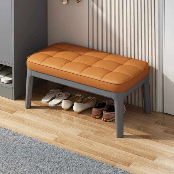 Contemporary Scandinavian PU Leather Upholstered Solid Wood Shoe Bench with Rectangular Grid Design for Entryway & Living Room