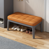 Contemporary Scandinavian PU Leather Upholstered Solid Wood Shoe Bench with Rectangular Grid Design for Entryway & Living Room
