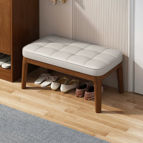 Contemporary Scandinavian PU Leather Upholstered Solid Wood Shoe Bench with Rectangular Grid Design for Entryway & Living Room