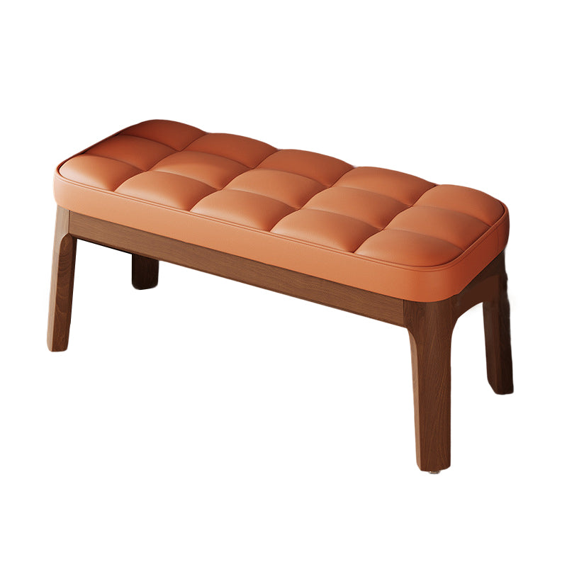 Contemporary Scandinavian PU Leather Upholstered Solid Wood Shoe Bench with Rectangular Grid Design for Entryway & Living Room