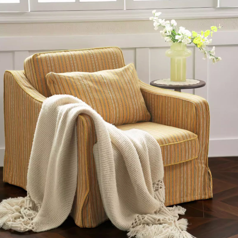 Golden Stripe Cotton-Linen Birch Wood Accent Chair – Sleek Minimalist Retro Lounge for Living Room