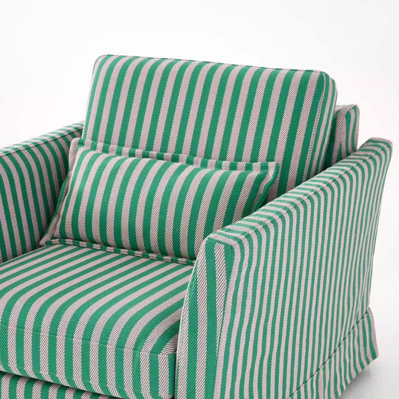 Green & White Stripe Birch Wood Accent Chair – Scandinavian-Style Lounge Chair for Living Room or Study
