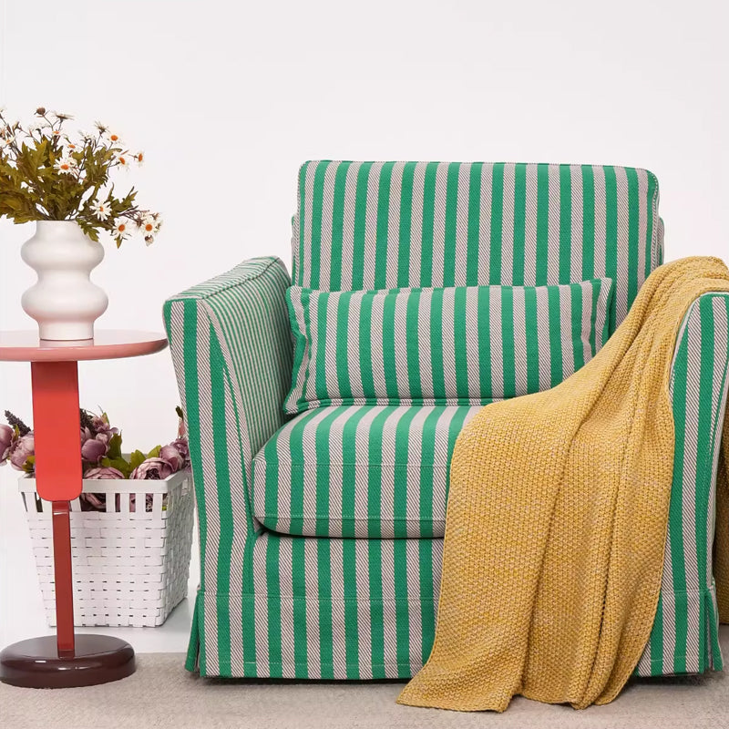 Green & White Stripe Birch Wood Accent Chair – Scandinavian-Style Lounge Chair for Living Room or Study