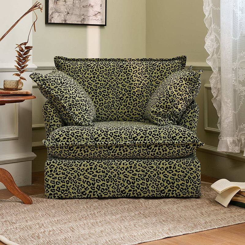 Green Leopard Print Swivel Birch Wood Accent Chair — Vintage Oriental Style Sofa for Living Room