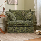 Green Leopard Print Swivel Birch Wood Accent Chair — Vintage Oriental Style Sofa for Living Room