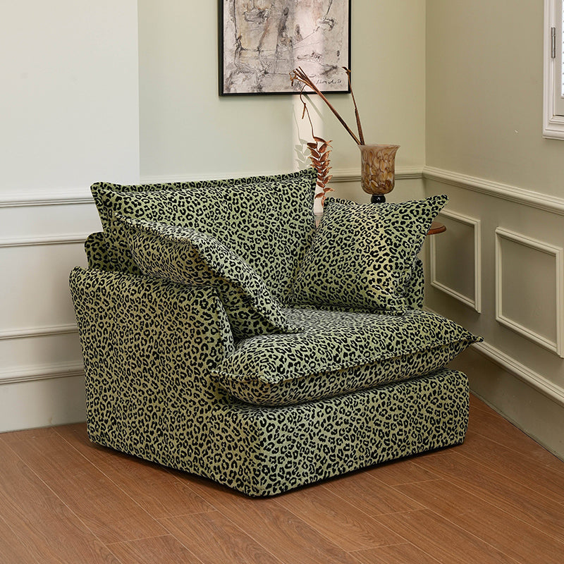 Green Leopard Print Swivel Birch Wood Accent Chair — Vintage Oriental Style Sofa for Living Room