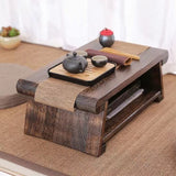 Traditional Japanese Foldable Solid Wood Coffee Table – Two-Tier, Rounded Rectangular Design for Living Room