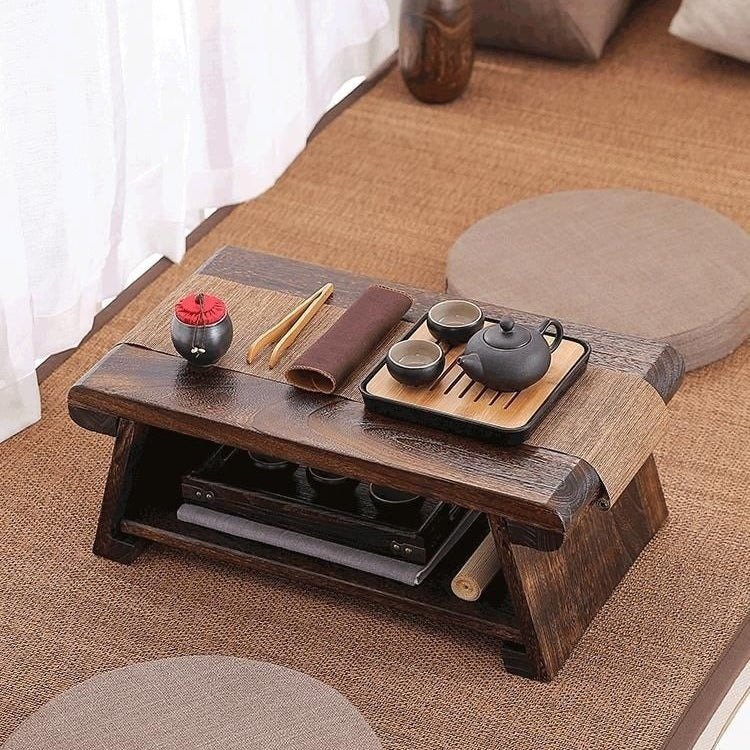 Traditional Japanese Foldable Solid Wood Coffee Table – Two-Tier, Rounded Rectangular Design for Living Room