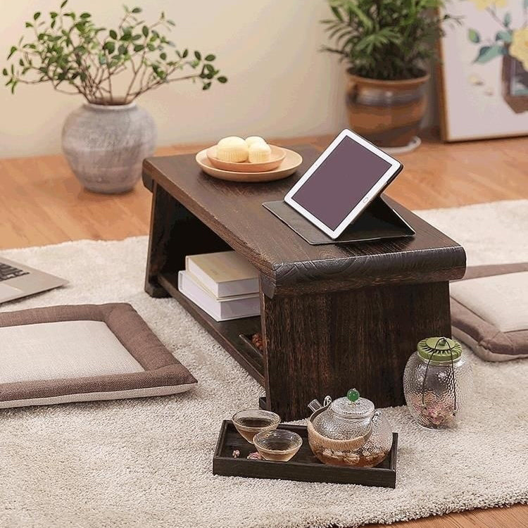 Traditional Japanese Foldable Solid Wood Coffee Table – Two-Tier, Rounded Rectangular Design for Living Room