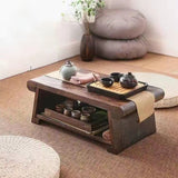 Traditional Japanese Foldable Solid Wood Coffee Table – Two-Tier, Rounded Rectangular Design for Living Room