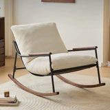 Modern Scandinavian Corduroy Rocking Chair with Metal Frame and Solid Wood Construction, Curved Square Design, Backrest and Armrests for Living Room