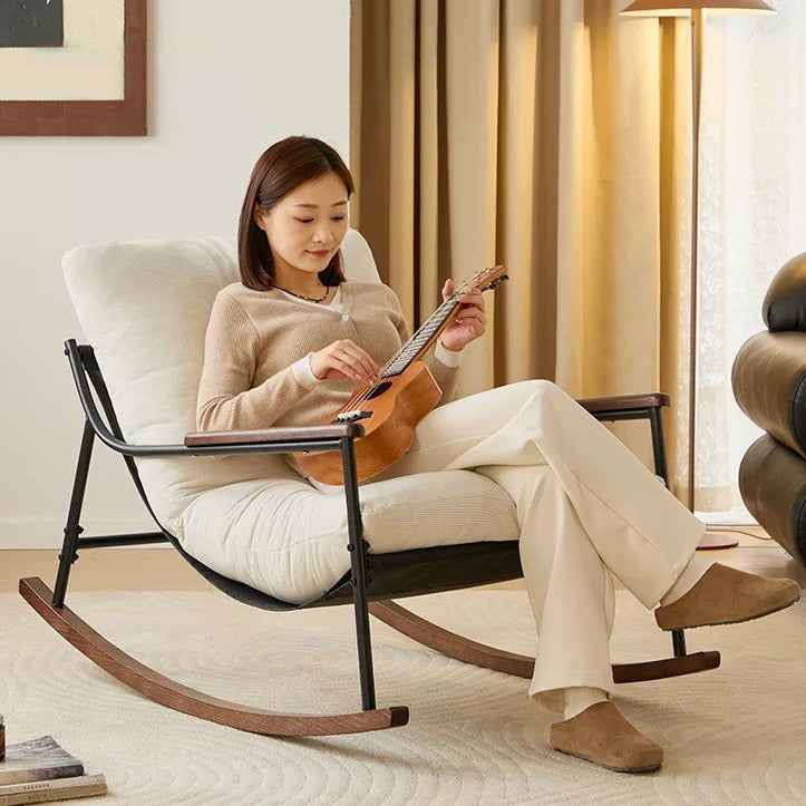 Modern Scandinavian Corduroy Rocking Chair with Metal Frame and Solid Wood Construction, Curved Square Design, Backrest and Armrests for Living Room
