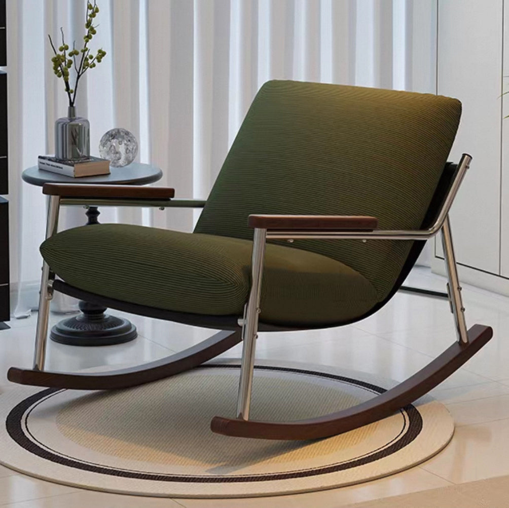 Modern Scandinavian Corduroy Rocking Chair with Metal Frame and Solid Wood Construction, Curved Square Design, Backrest and Armrests for Living Room