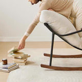 Modern Scandinavian Corduroy Rocking Chair with Metal Frame and Solid Wood Construction, Curved Square Design, Backrest and Armrests for Living Room