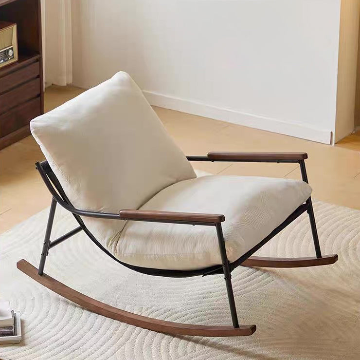 Modern Scandinavian Corduroy Rocking Chair with Metal Frame and Solid Wood Construction, Curved Square Design, Backrest and Armrests for Living Room