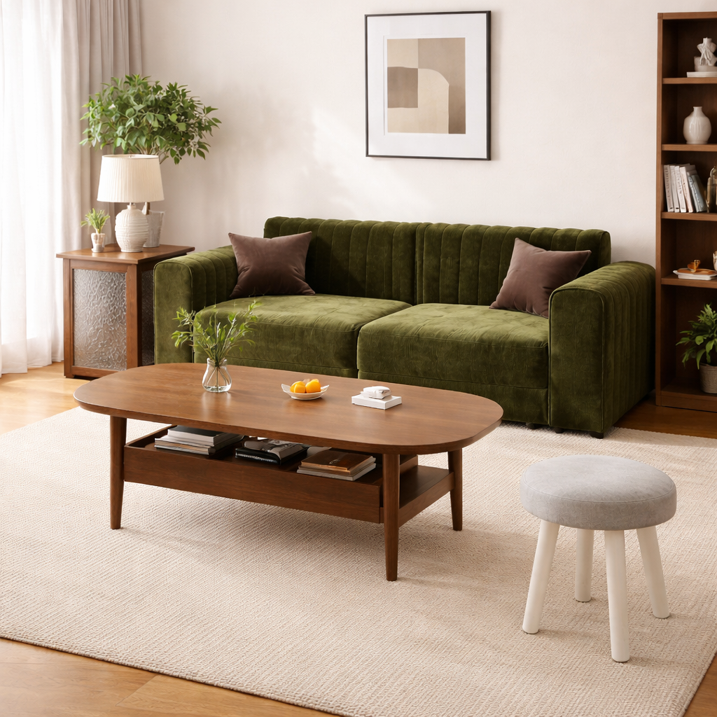 Traditional French Chenille Eucalyptus 2-Seater Sofa with Armrest and Backrest – Wavy Rectangular Design for Living Room