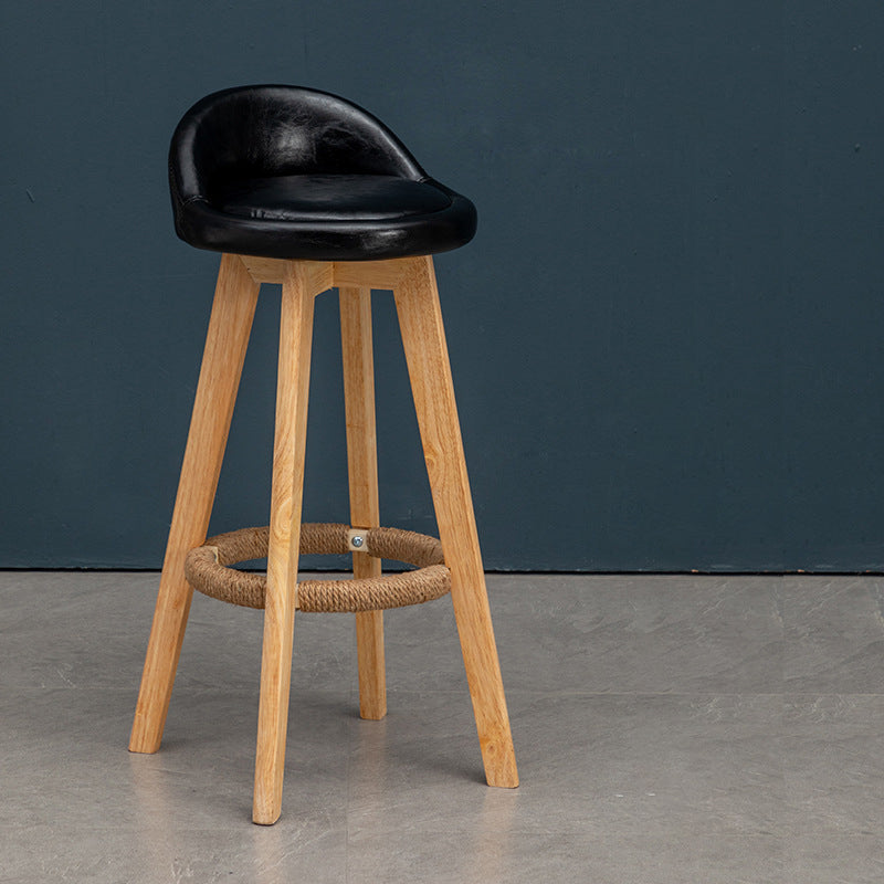 Nordic Contemporary Round Rubber Wood Swivel Bar Stool with Upholstered Low-Back and Footrest for Dining Room