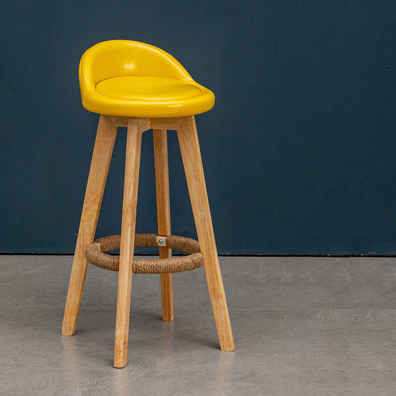 Nordic Contemporary Round Rubber Wood Swivel Bar Stool with Upholstered Low-Back and Footrest for Dining Room