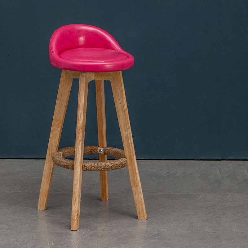Nordic Contemporary Round Rubber Wood Swivel Bar Stool with Upholstered Low-Back and Footrest for Dining Room