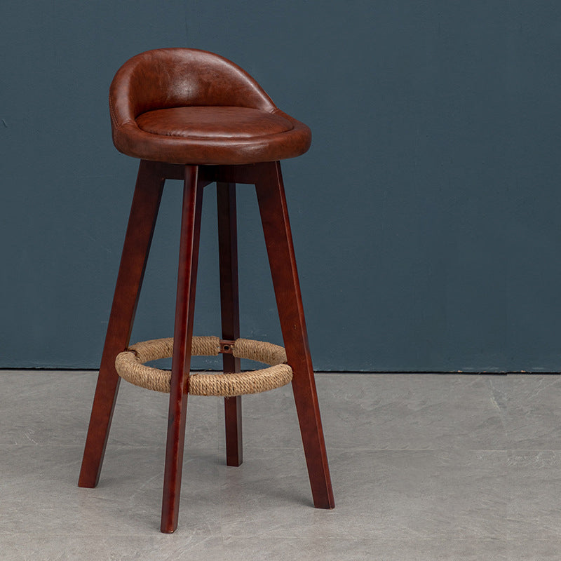 Nordic Contemporary Round Rubber Wood Swivel Bar Stool with Upholstered Low-Back and Footrest for Dining Room