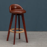 Nordic Contemporary Round Rubber Wood Swivel Bar Stool with Upholstered Low-Back and Footrest for Dining Room