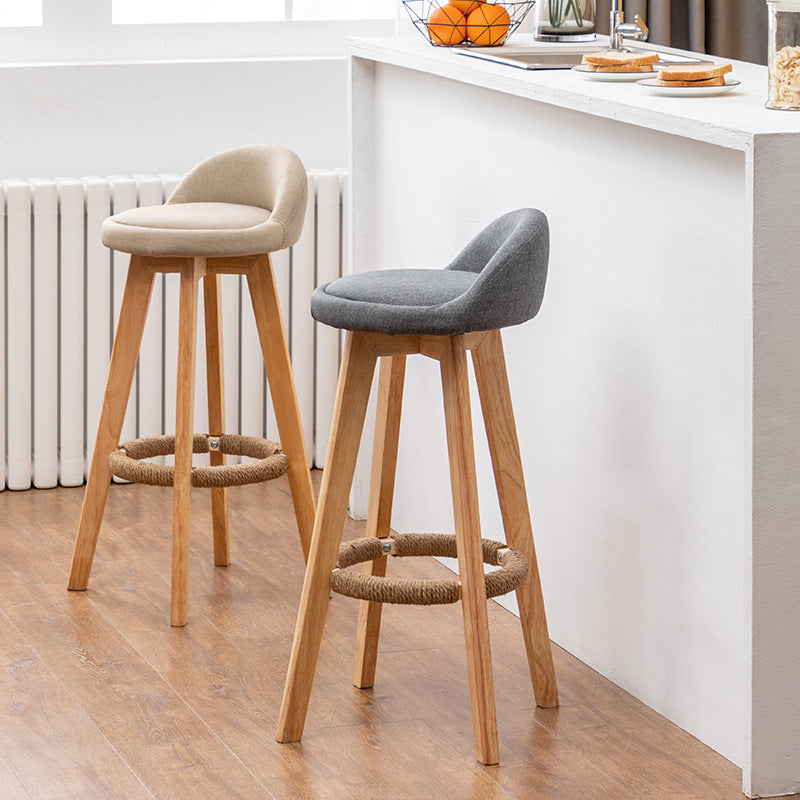 Nordic Contemporary Round Rubber Wood Swivel Bar Stool with Upholstered Low-Back and Footrest for Dining Room