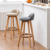Nordic Contemporary Round Rubber Wood Swivel Bar Stool with Upholstered Low-Back and Footrest for Dining Room