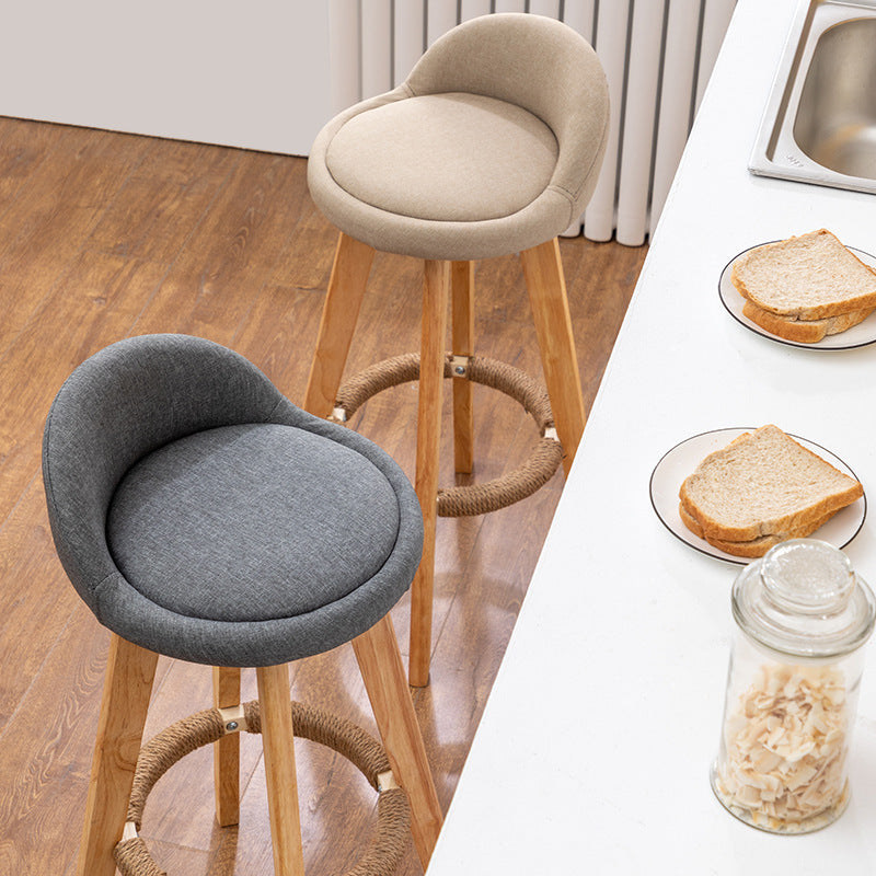 Nordic Contemporary Round Rubber Wood Swivel Bar Stool with Upholstered Low-Back and Footrest for Dining Room