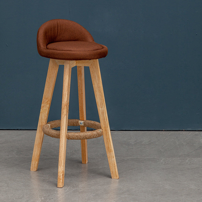 Nordic Contemporary Round Rubber Wood Swivel Bar Stool with Upholstered Low-Back and Footrest for Dining Room