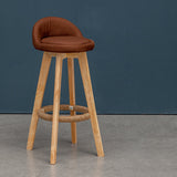Nordic Contemporary Round Rubber Wood Swivel Bar Stool with Upholstered Low-Back and Footrest for Dining Room