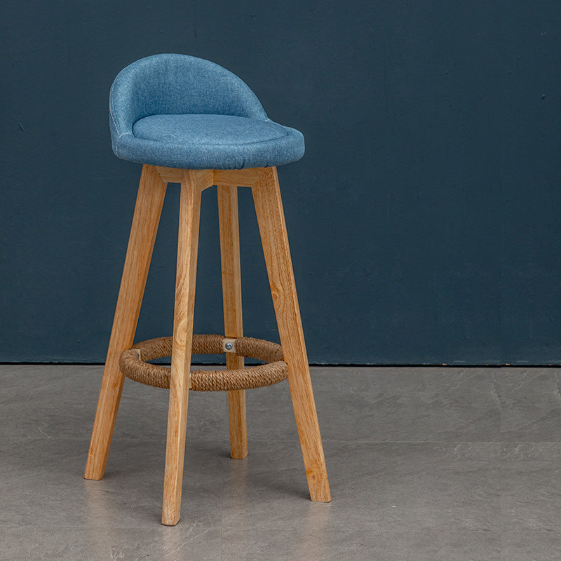 Nordic Contemporary Round Rubber Wood Swivel Bar Stool with Upholstered Low-Back and Footrest for Dining Room