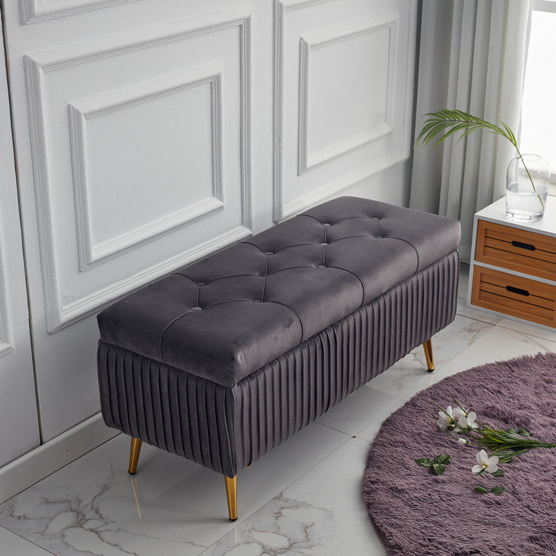 Modern Velvet Upholstered Storage Bench - Minimalist, Backless, Metal Rectangular Frame for Entryway