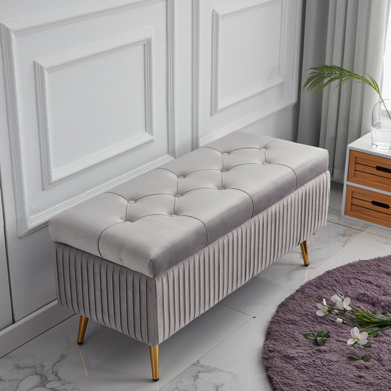 Modern Velvet Upholstered Storage Bench - Minimalist, Backless, Metal Rectangular Frame for Entryway