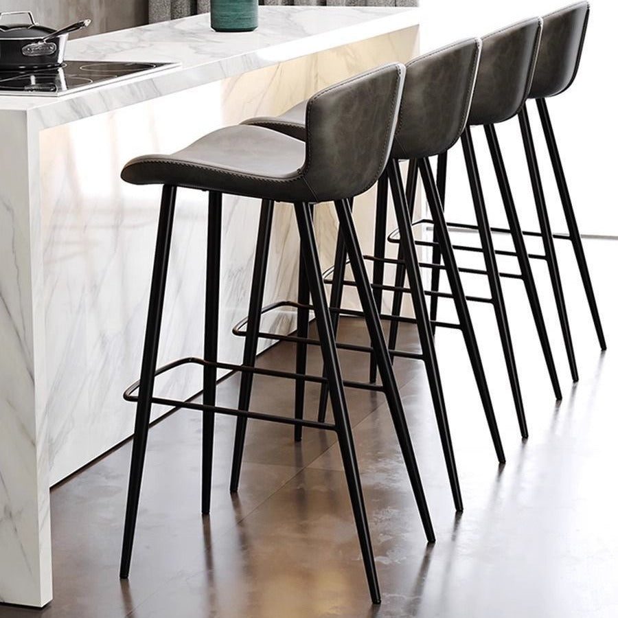 Contemporary Scandinavian Curved Faux Leather Bar Stool with Carbon Steel Frame, High-Leg Design & Footrest for Dining Room