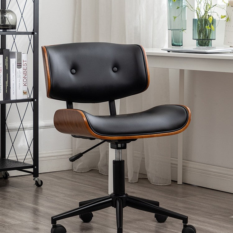 Contemporary Curved PU Leather Desk Chair with Solid Wood Plywood Frame, Height-Adjustable Swivel, Casters for Home Office