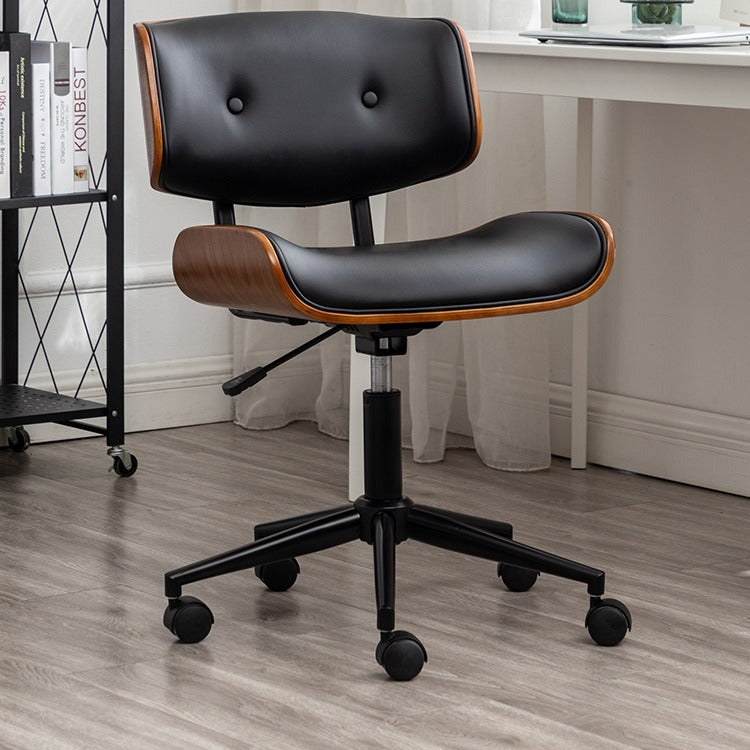 Contemporary Curved PU Leather Desk Chair with Solid Wood Plywood Frame, Height-Adjustable Swivel, Casters for Home Office