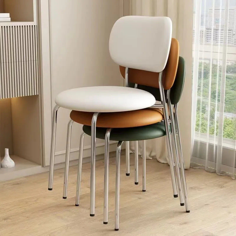 Contemporary Scandinavian Round Nappa Leather Carbon Steel Legs Stackable Dining Chair Backrest For Dining Room