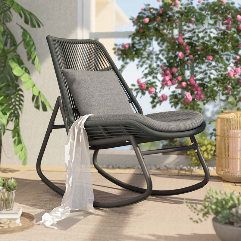 Boho Contemporary Arc Woven Rattan Rocking Chair with Cushions - PE Rattan & Metal Outdoor Patio Chair for Balcony