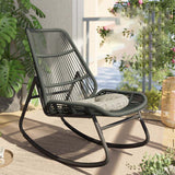 Boho Contemporary Arc Woven Rattan Rocking Chair with Cushions - PE Rattan & Metal Outdoor Patio Chair for Balcony