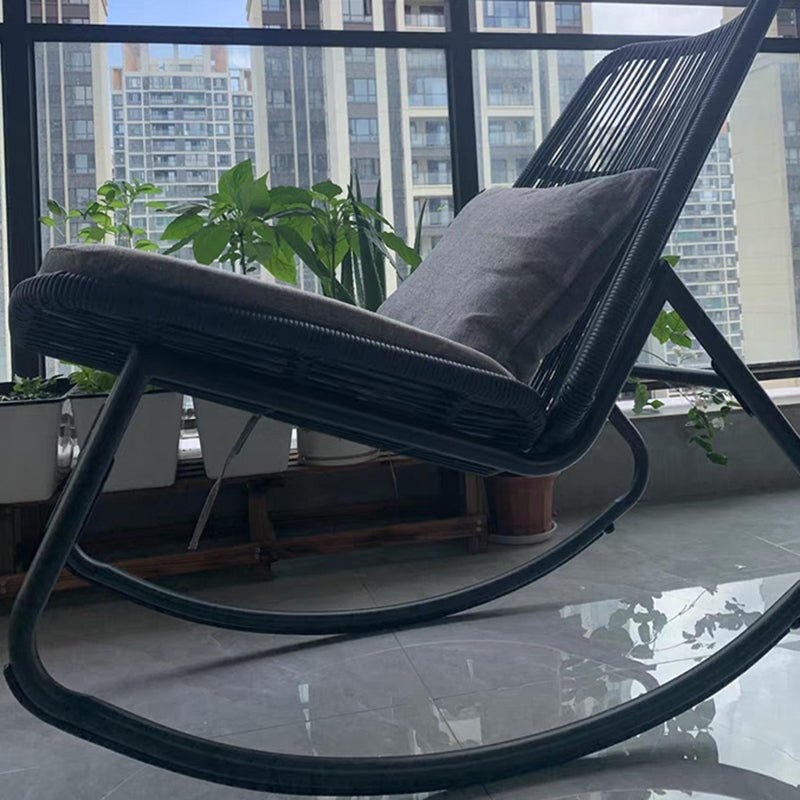 Boho Contemporary Arc Woven Rattan Rocking Chair with Cushions - PE Rattan & Metal Outdoor Patio Chair for Balcony