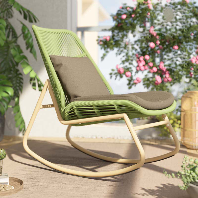 Boho Contemporary Arc Woven Rattan Rocking Chair with Cushions - PE Rattan & Metal Outdoor Patio Chair for Balcony